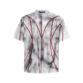 Padded shoulder short sleeve T-shirt with three-dimensional line patchwork and round neck
