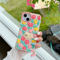 Creative cartoon little bear flowers silicone phone case with tulip pendant in pink for Apple iPhone