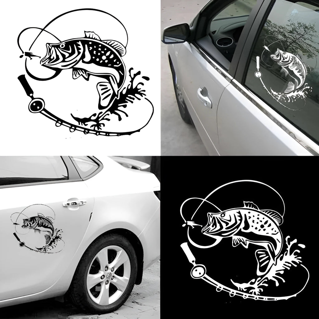 Year Fish car sticker in red colour on a car bumper, 25cm PET decal