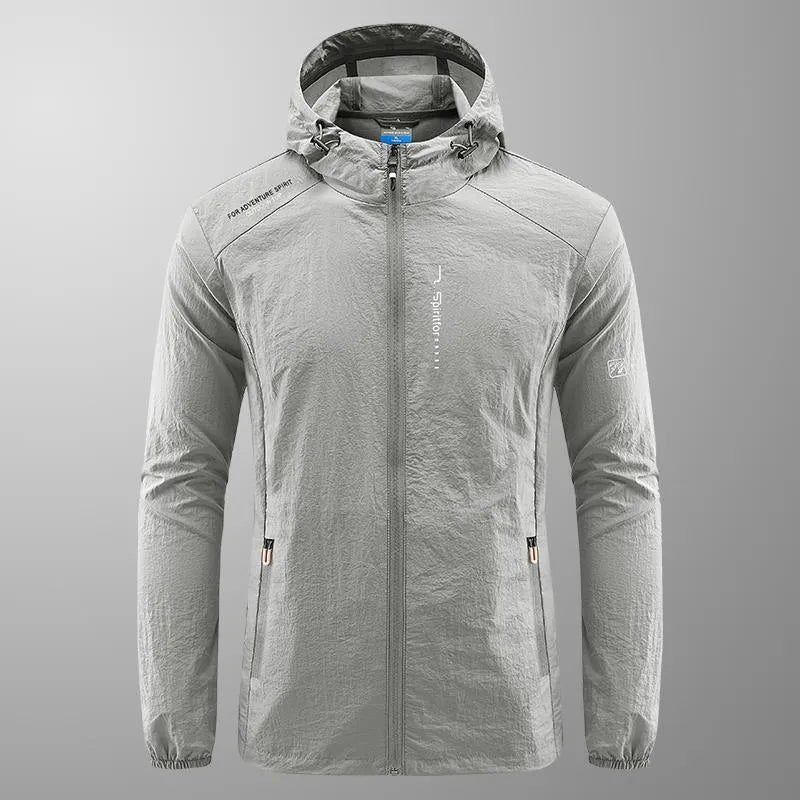 Men's thin nylon summer hooded jacket in loose fit showing light grey colour option