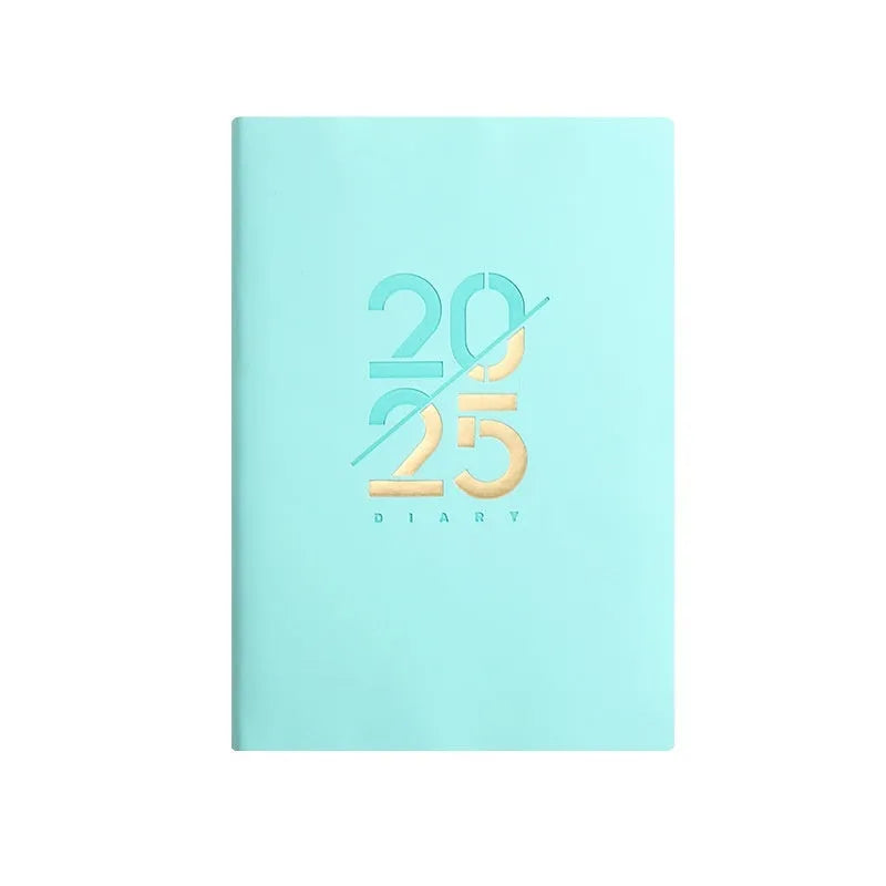 2025 A5 daily planner with soft faux leather cover in multiple colour options showing open pages