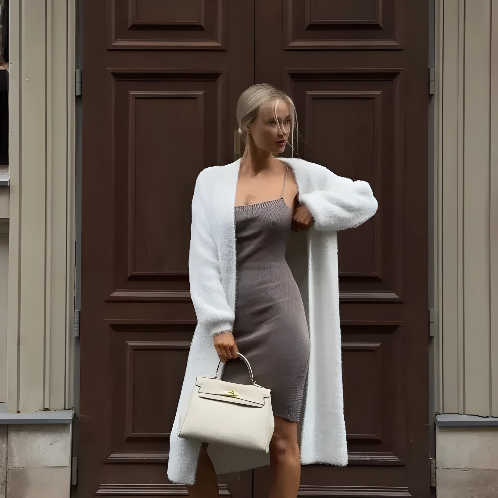 White loose-fit knitted cardigan jacket for women, shown with long sleeves.