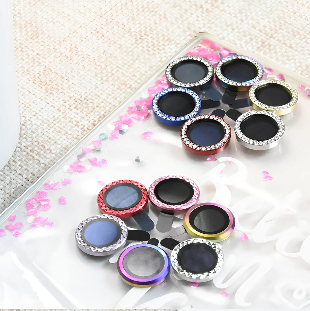 Aluminum alloy camera protection ring and diamond lens film for iPhone 12 in gold colour.