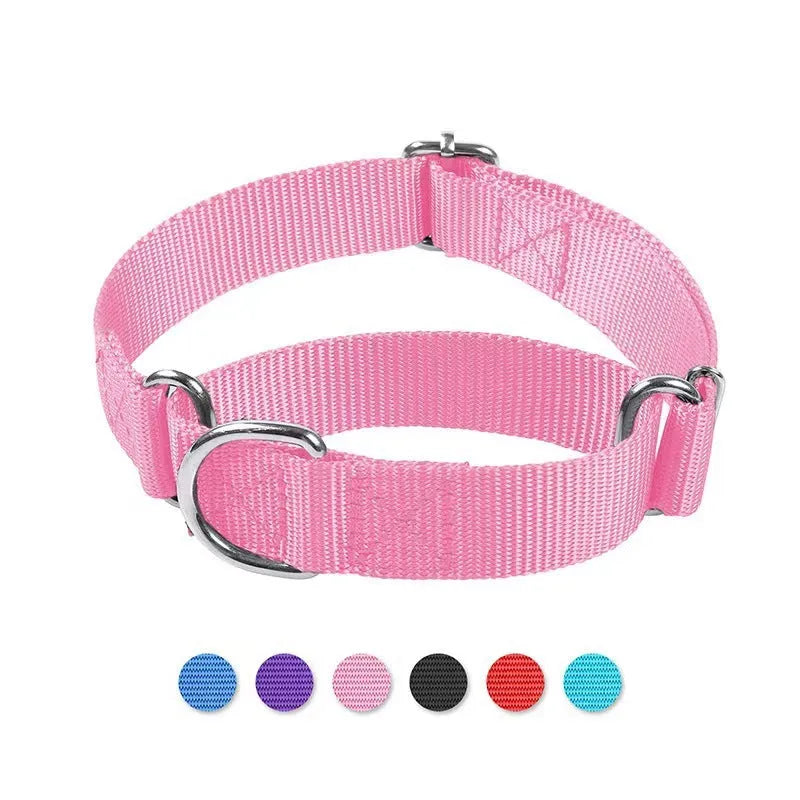 Adjustable nylon dog and cat collar with explosion-proof harness and hand-holding rope, available in seven colours.