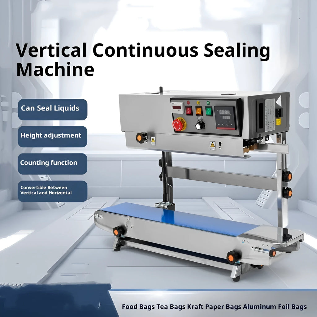 FR-900 automatic continuous sealing machine with entry-level paint rack design, 110V US power, dimensions L820mm x W385mm x H310mm