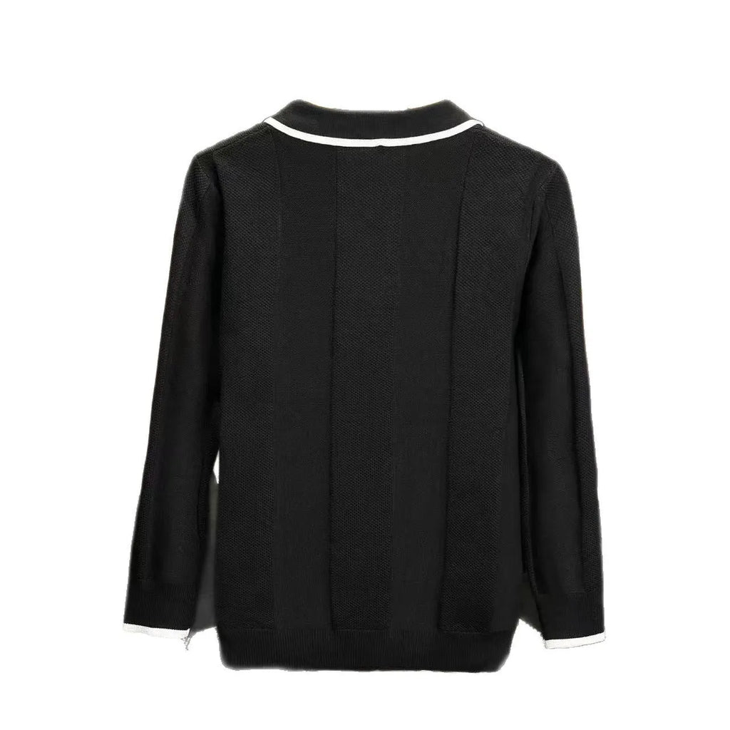 White cotton polo collar colour-blocking long sleeve knit sweater loose fit youth