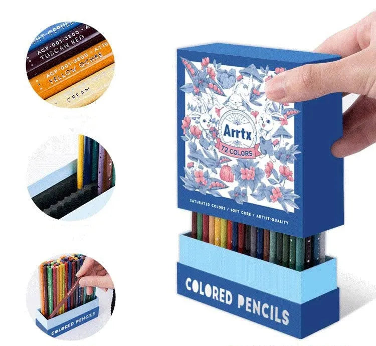 Boxed set of 72 coloured drawing pencils with basswood barrels for artists and students.