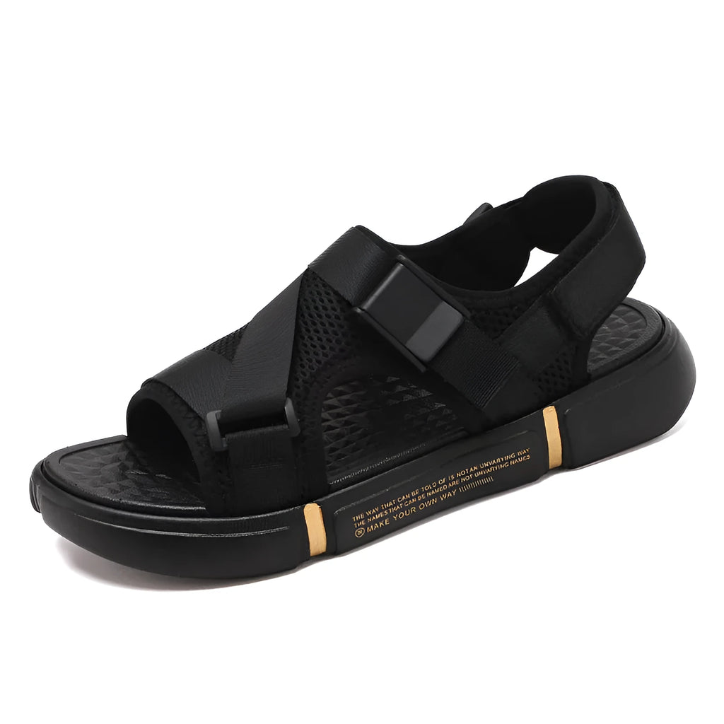 Men's black Velcro open toe beach sandals on a light surface, sizes 39-44
