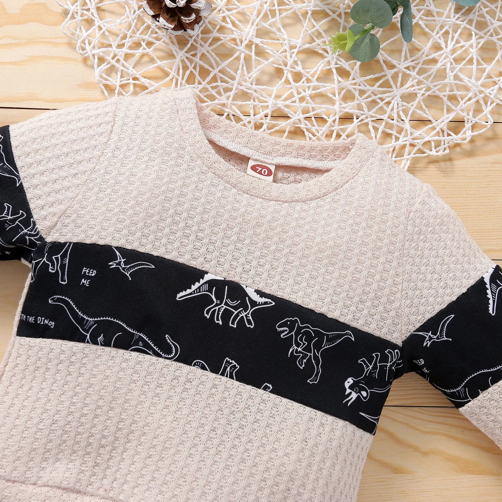 Children's cotton knitted stitching sports suit with cartoon dinosaur pattern in grey colour, pullover style pants set