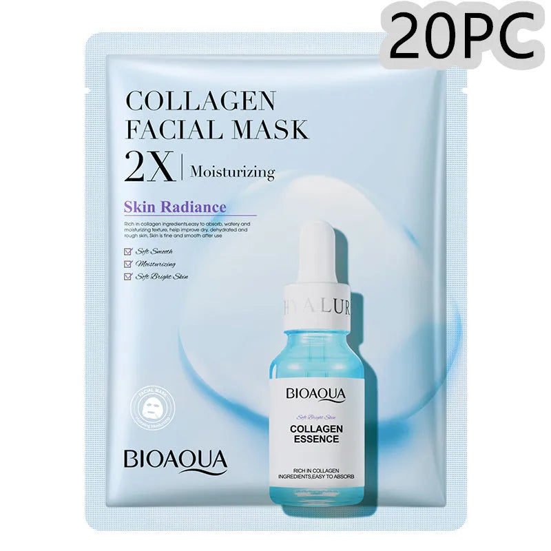 30g collagen and hyaluronic acid facial sheet mask sachet for moisturising skin care.