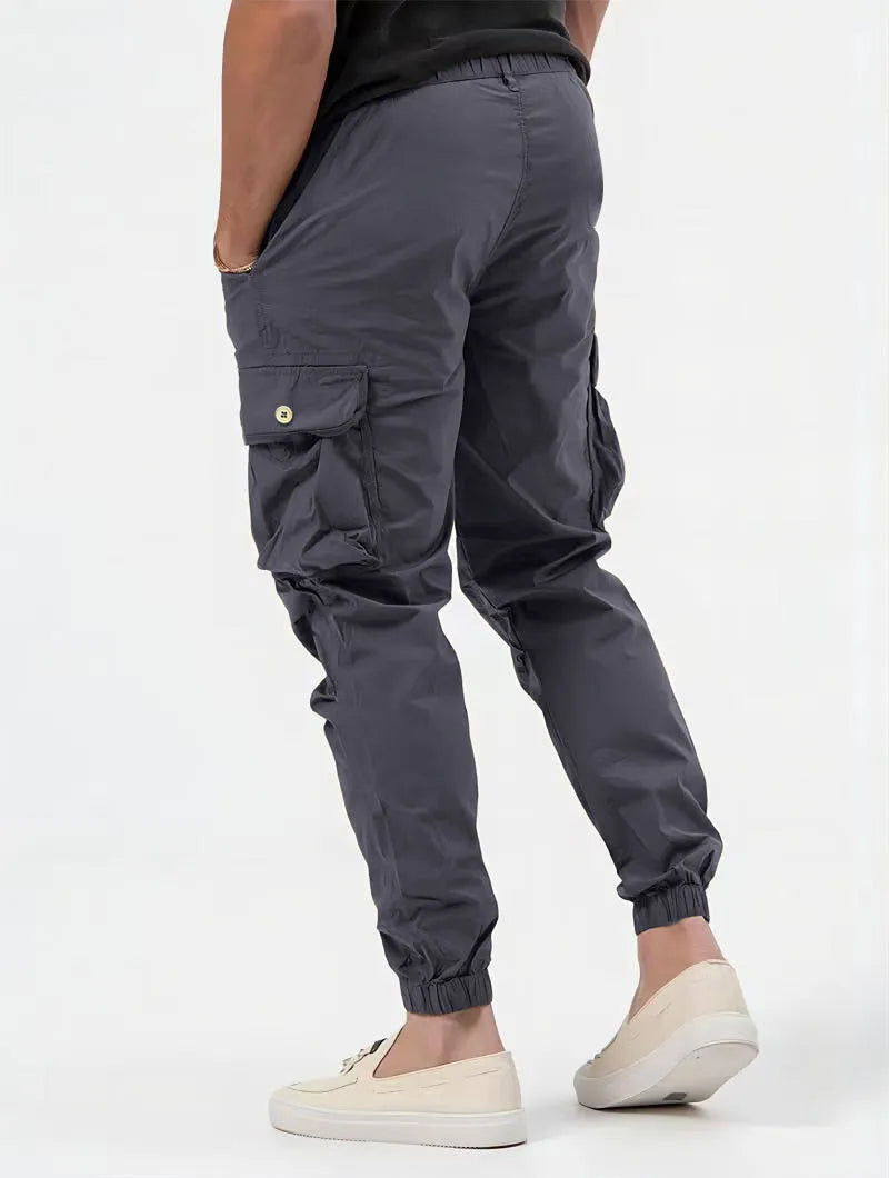 Men's cargo trousers with three-dimensional pockets and zip decoration in grey, khaki, black or military green, sizes S to 3XL