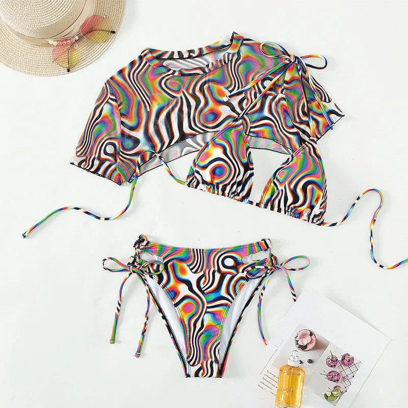 Women's colourful red rope mesh bikini swimsuit set with short sleeves