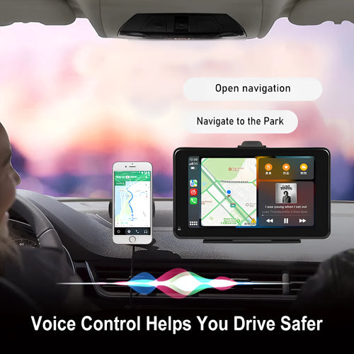 7-inch HD wired car multimedia player screen with universal mount bracket and cables on a grey background.