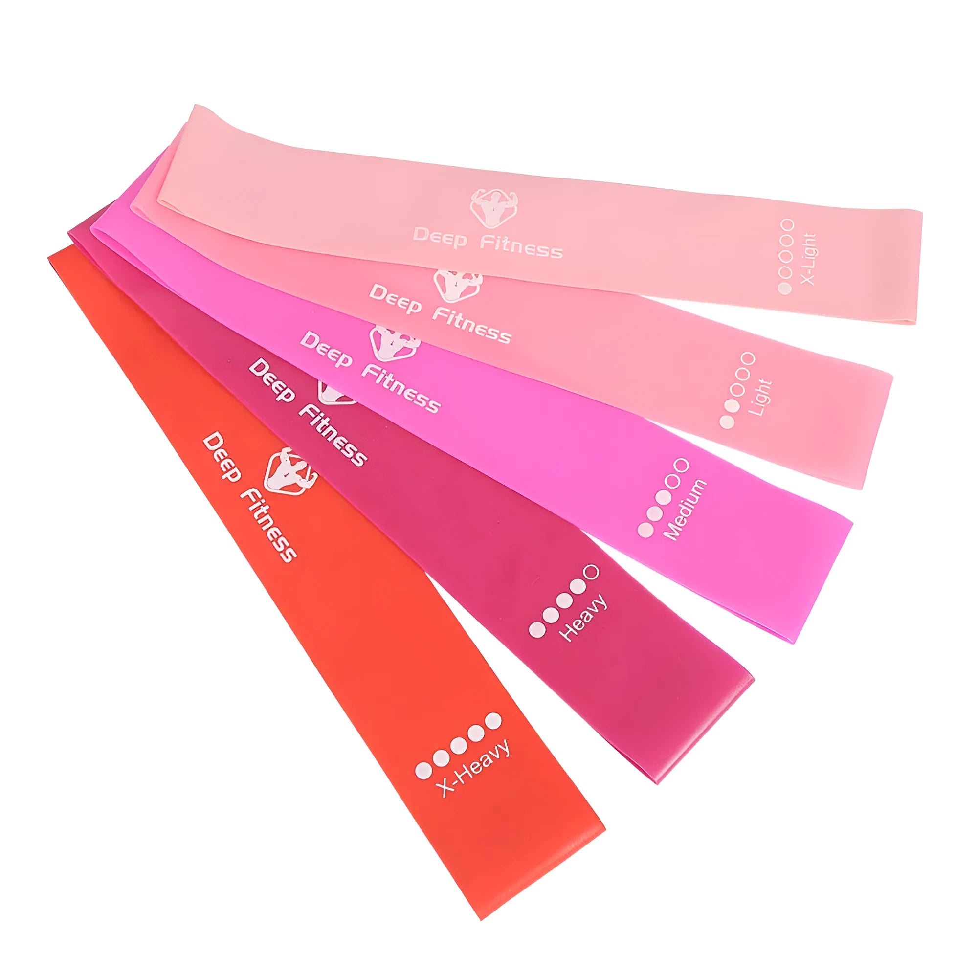 Yoga hip resistance band set in six colours from 0.4mm green to 1.2mm black laid flat on a surface