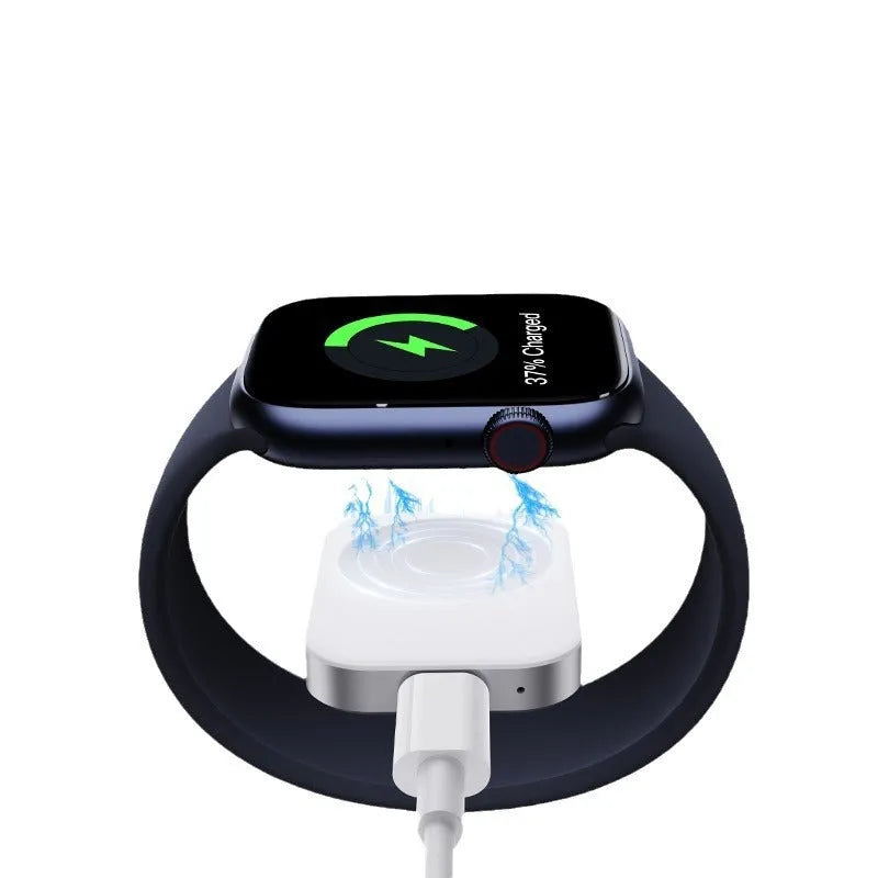 Portable three-in-one magnetic wireless charger with aluminium alloy ring showing detachable cables