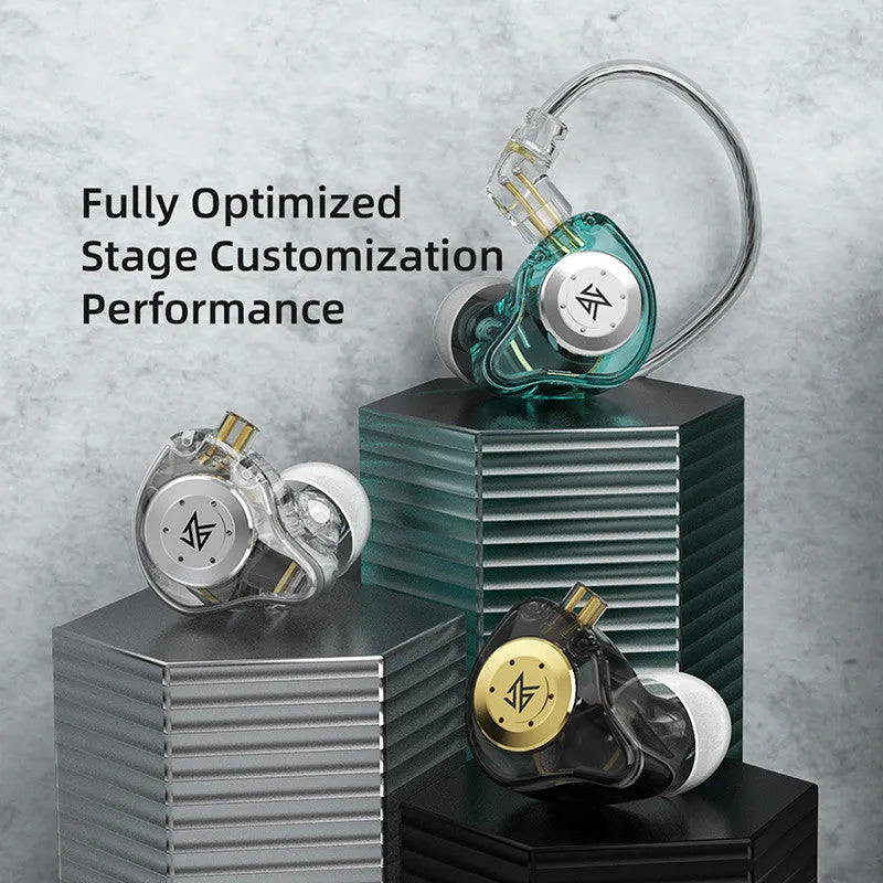 KZ EDX Pro wired bass earphones in Transparent Cyan with standard cable, showing resin shell and eartip