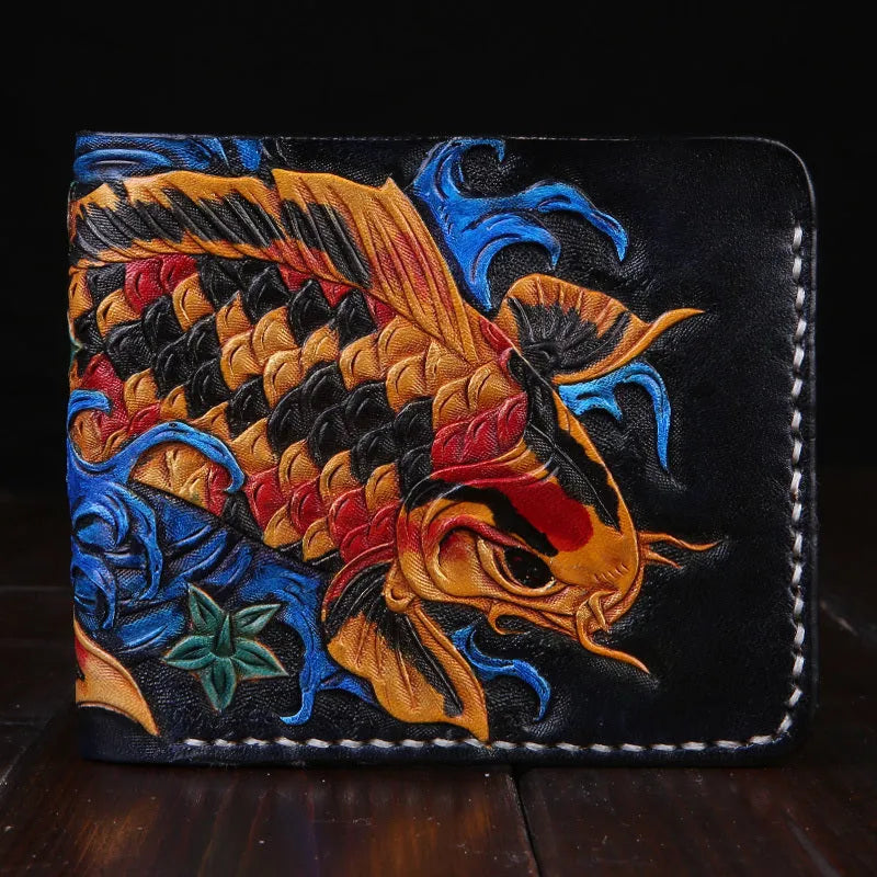 Men's carved cow leather short wallet in red, showing open design and dimensions.