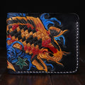 Men's carved cow leather short wallet in red, showing open design and dimensions.