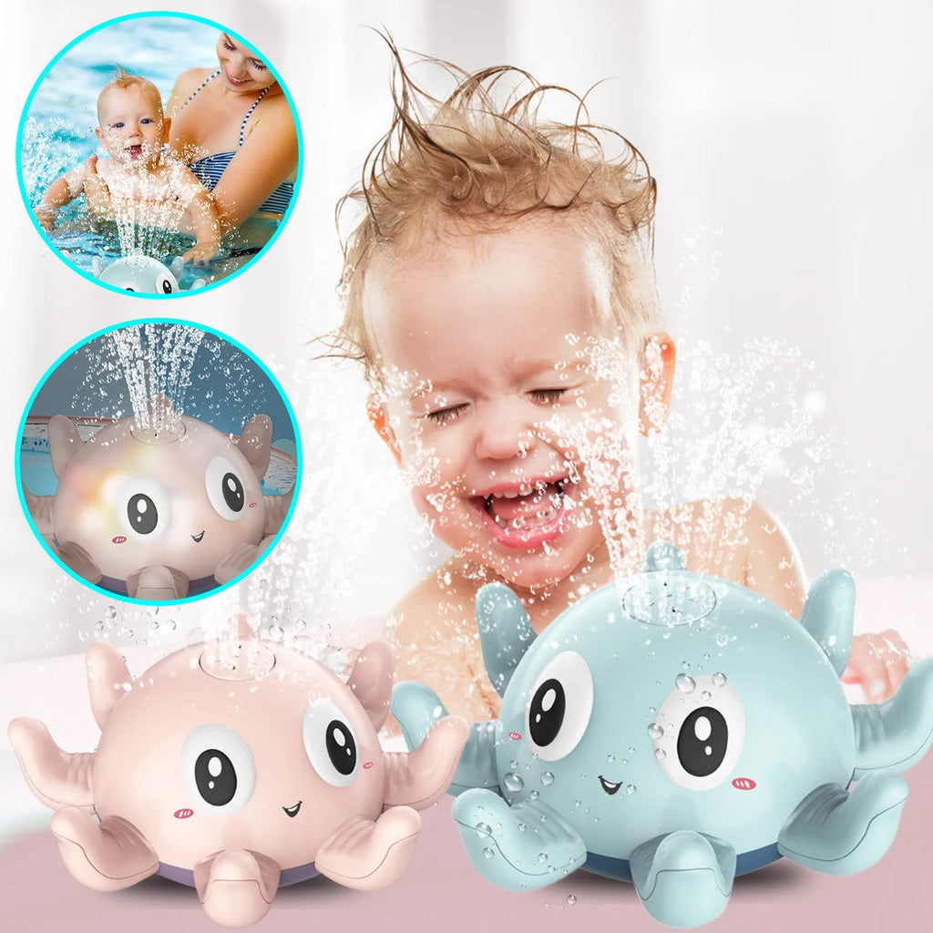 Blue automatic water spray octopus bath toy with flashing lights for children's bath time