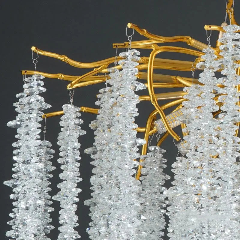 Adjustable height crystal chandelier with aluminium alloy frame in a light luxury style.