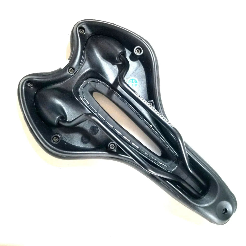 Thickened soft silicone bicycle saddle cushion with PU leather cover, shown with a waterproof cover and repair tools.