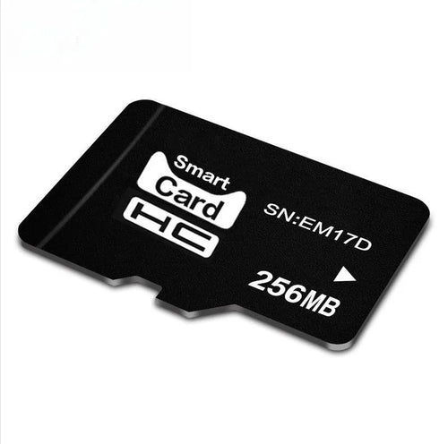 A 256MB TF format memory card presented in retail packaging.