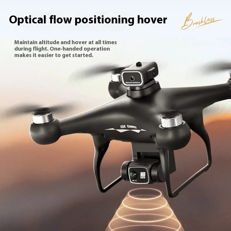 Black brushless UAV toy drone with four-side obstacle avoidance and a camera, remote controller beside it.