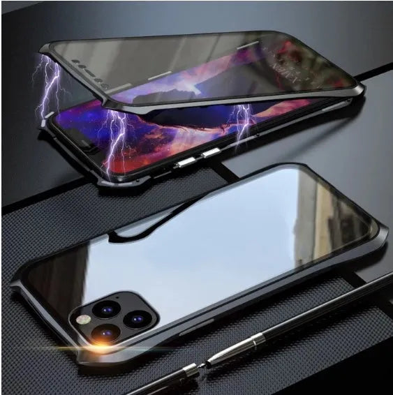 Glass magnetic protective case for iPhone 11 with metal frame and solid colour back