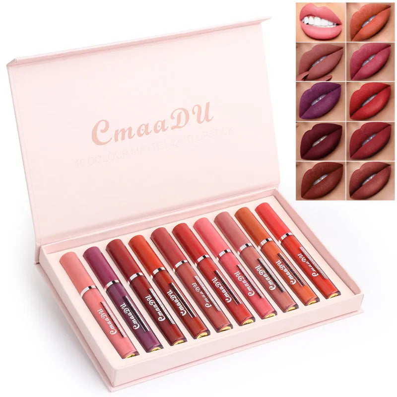 Set of 10 waterproof matte lipstick sticks in non-stick cup formula