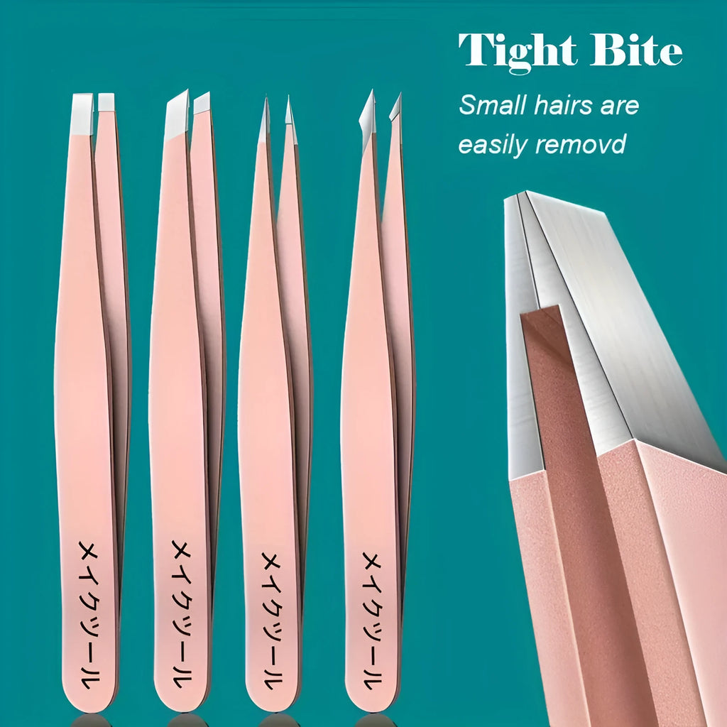 4-piece stainless steel eye tweezer set in silver and pink options for eyebrow grooming