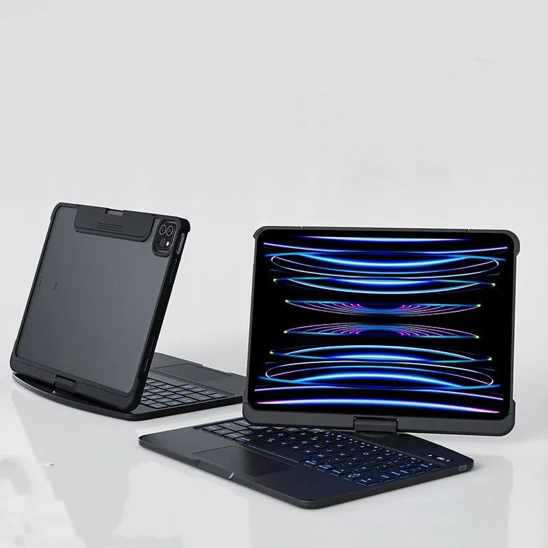 Transparent protective case wireless keyboard for iPad Pro and iPad Air showing Bluetooth connectivity and colour options