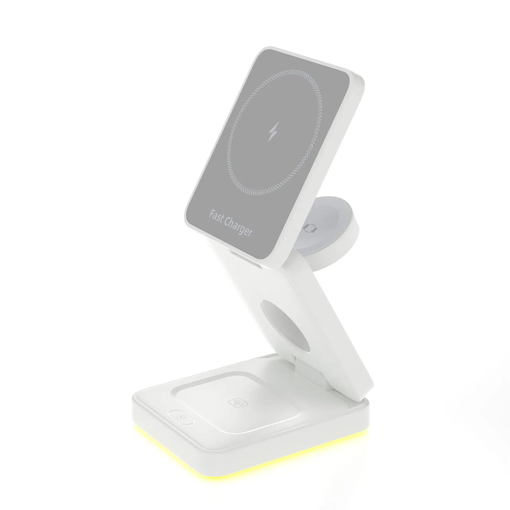 Three-in-one folding magnetic wireless charger in black or white with USB cable and manual