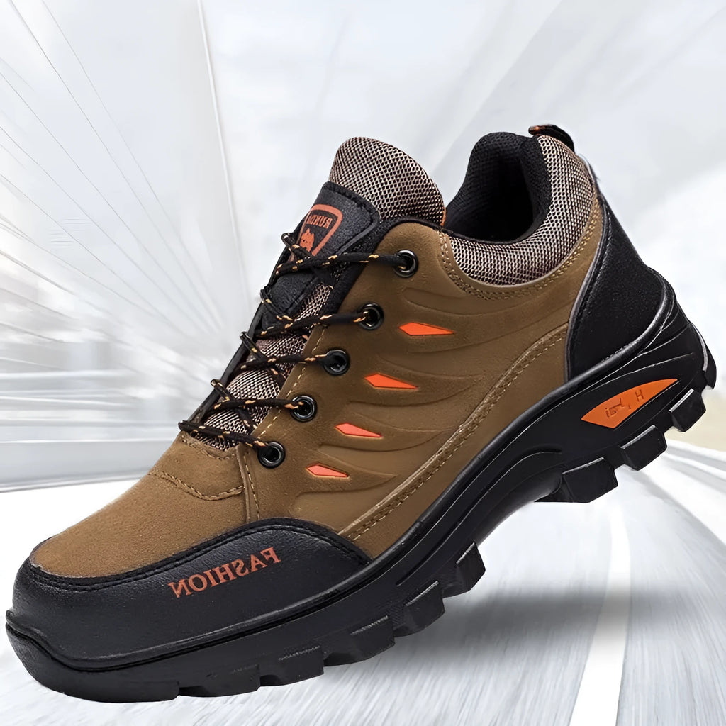 Men's brown suede mid-top hiking sneakers with a platform rubber sole and lace-up front.