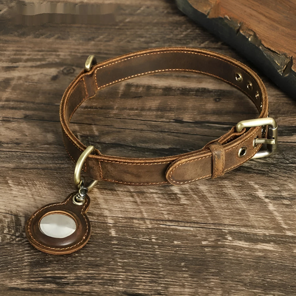 Brown handmade retro double-sided cowhide dog collar showing leather texture and halter positioning design