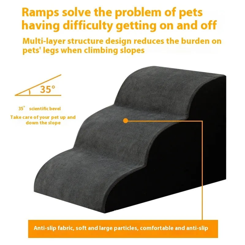 Wooden dog stairs with washable fabric steps in brown, for small medium dogs
