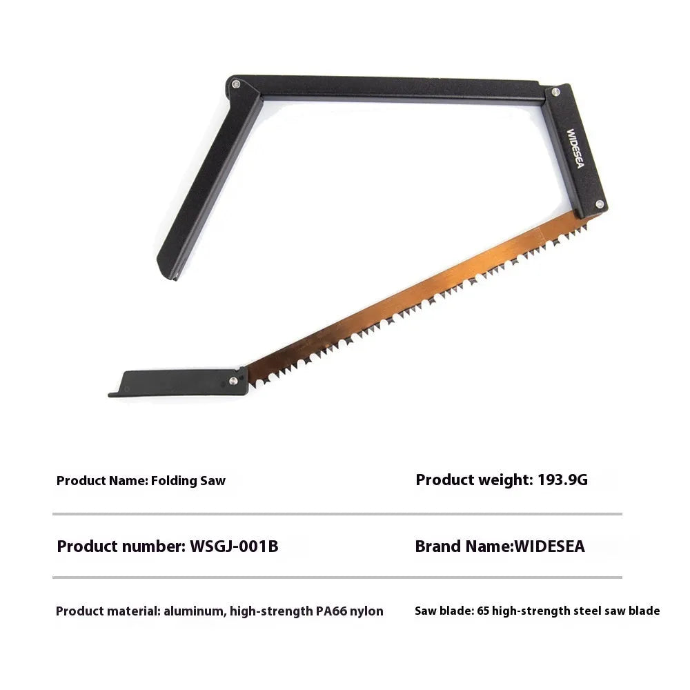 Black outdoor foldable saw with aluminium handle shown in open and closed positions.
