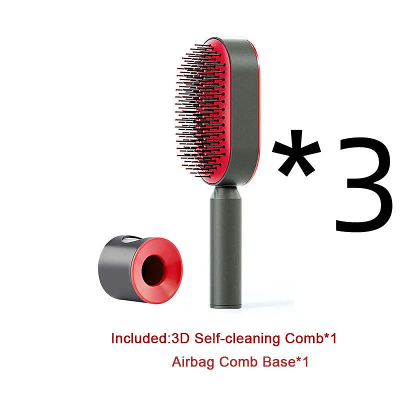 Self-cleaning air cushion hair brush in white, black gold, or black purple with ergonomic handle