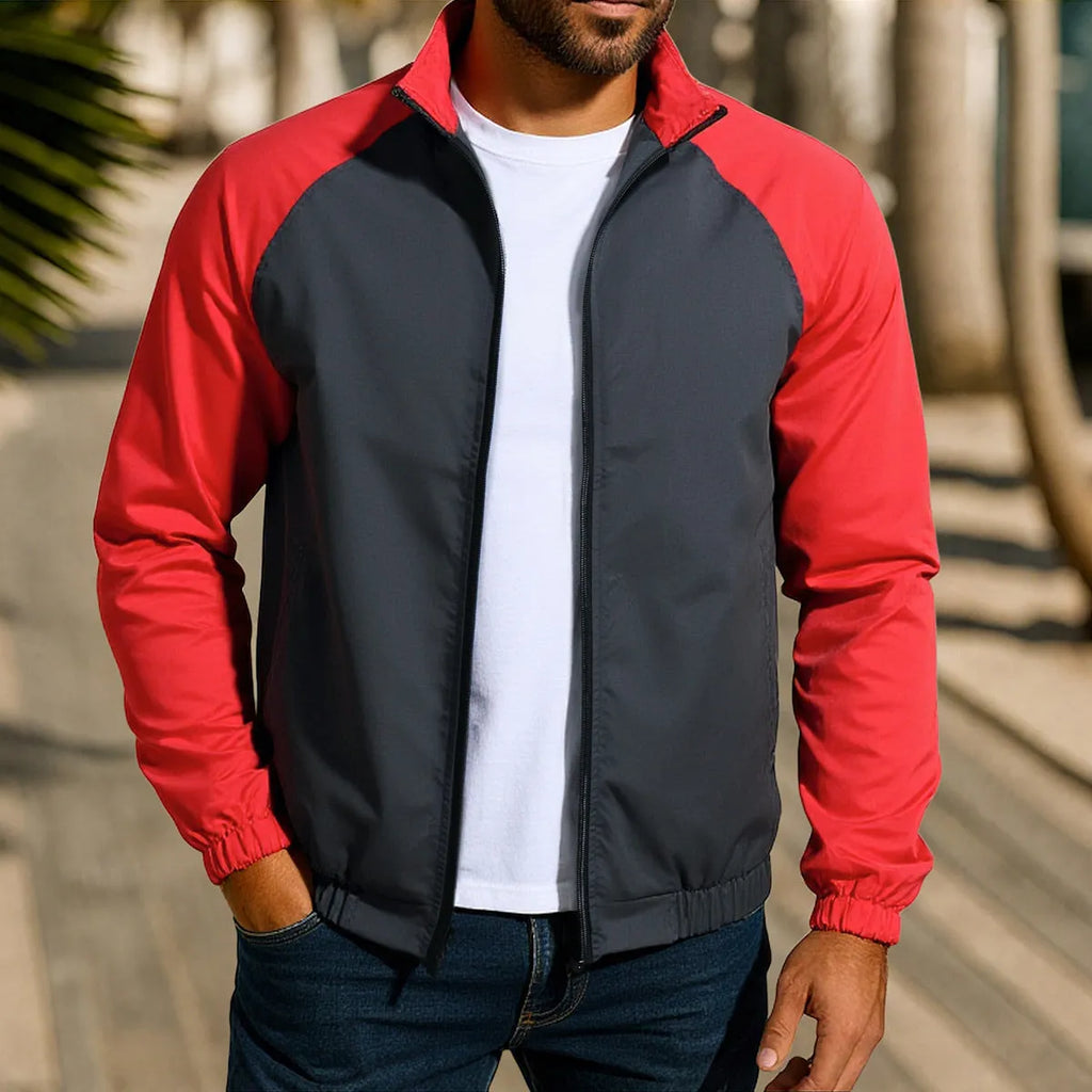 Men's green casual coat jacket with a stand collar and raglan sleeves on a hanger