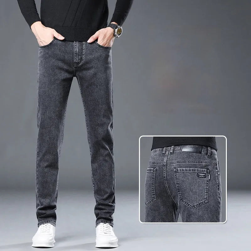 Men's stretch slim straight jeans cotton non-iron zipper fly two colours straight-leg style