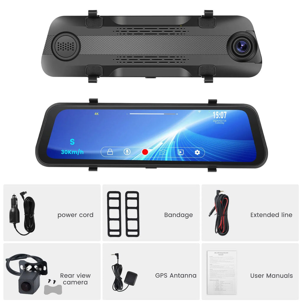 9.66 inch streaming media rearview mirror with touch screen displayed in a car, showing dual camera split-screen view.