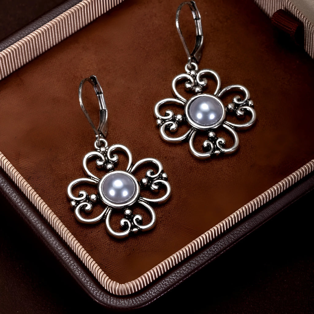Women's gold-plated retro earrings with inlaid pearl in burnt silver colour