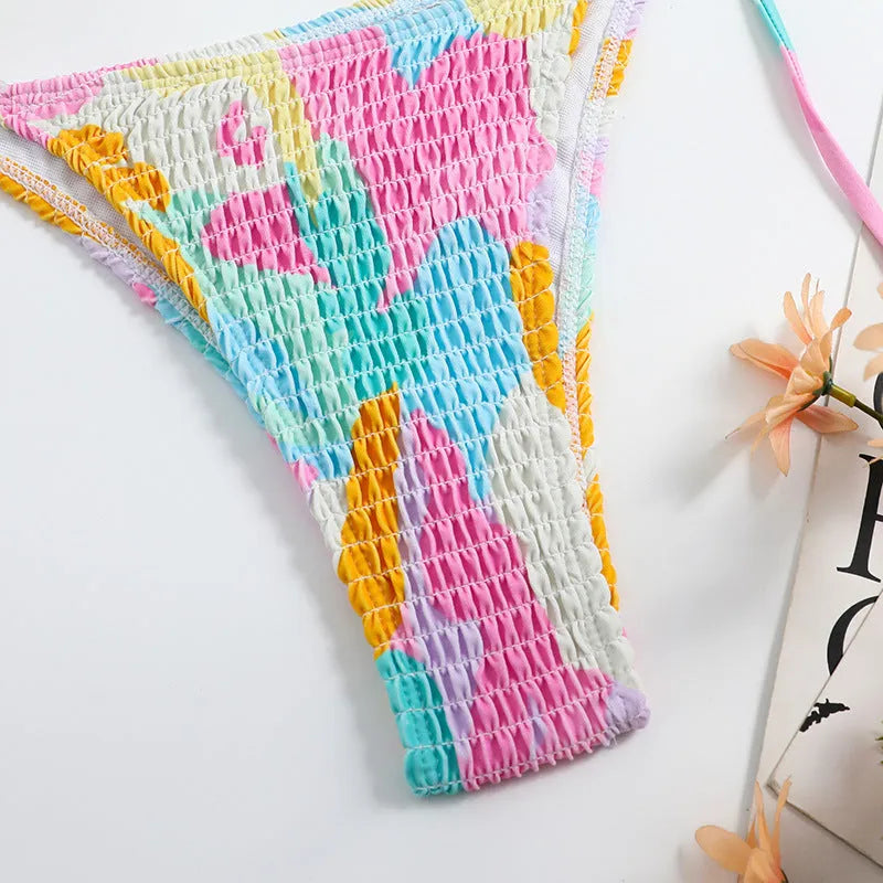 Women's triangle bikini set with smocked bandeau front in multicolour gradient floral print