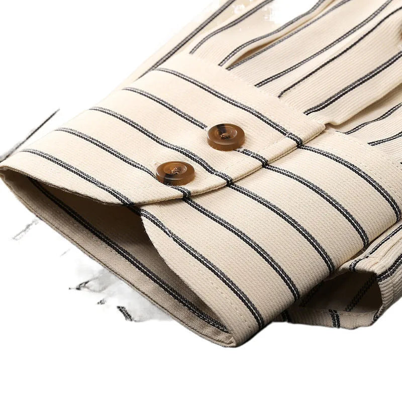 Coffee coloured striped men's long-sleeved shirt with a slim fit, shown on a hanger.
