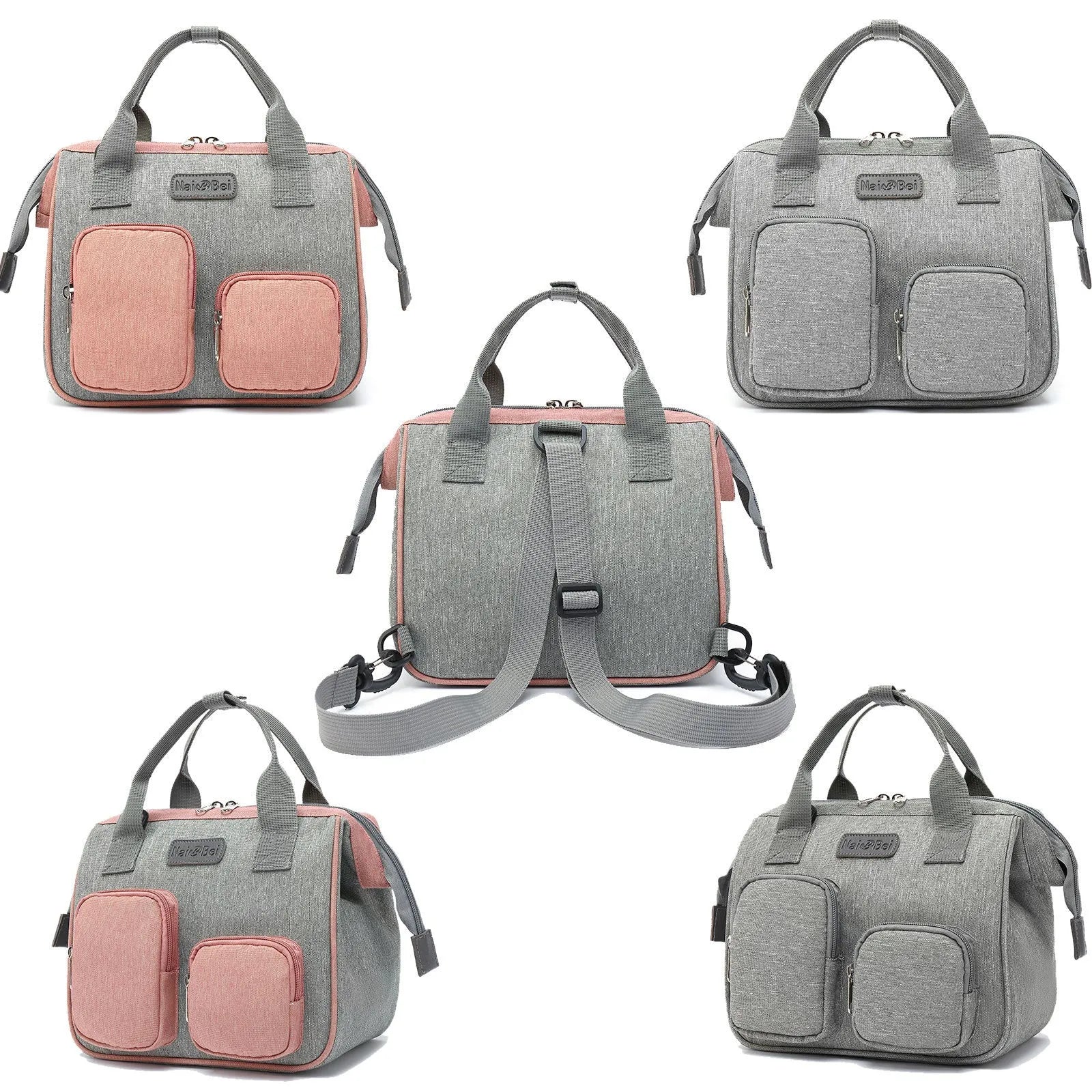 A grey oxford cloth handbag showing its large main compartment and external three-dimensional pocket.