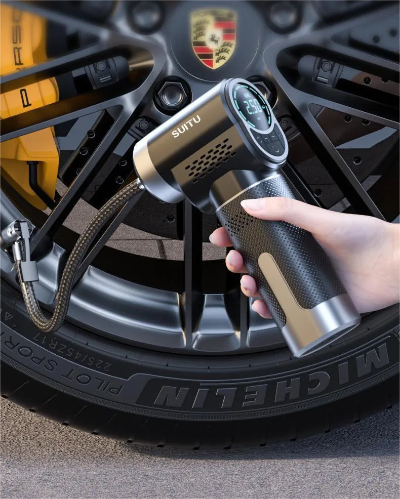 ST-5518 wireless portable air pump with inflatable pipe and nozzles for car tyres and sports equipment