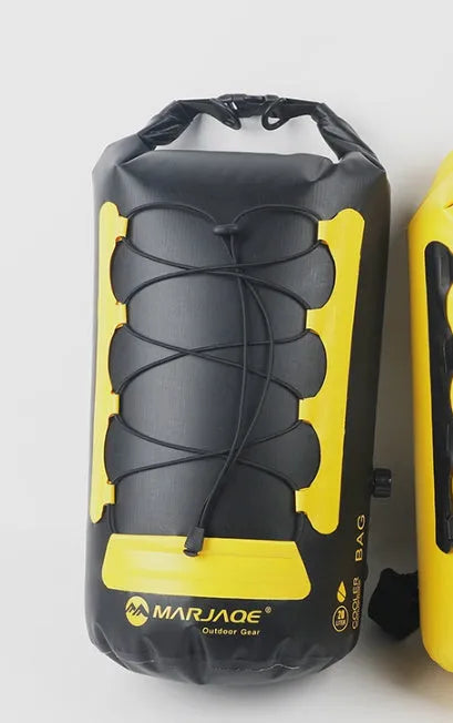 Yellow and black 20L waterproof backpack with dry wet separation for water sports and outdoor activities