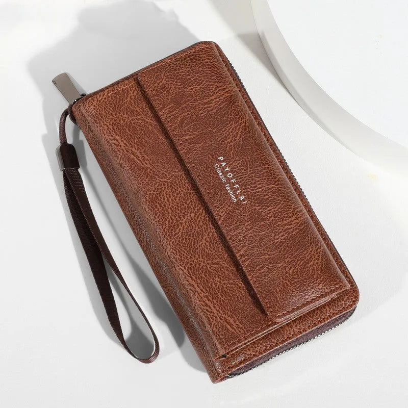 Men's casual long PU leather wallet showing multiple card slots, available in black, brown, and coffee colours