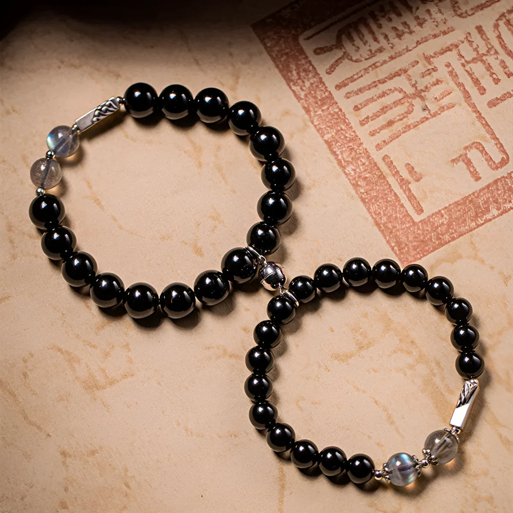 Obsidian Buddha beads couple bracelet DIY kit with 8mm and 10mm beads in national style design