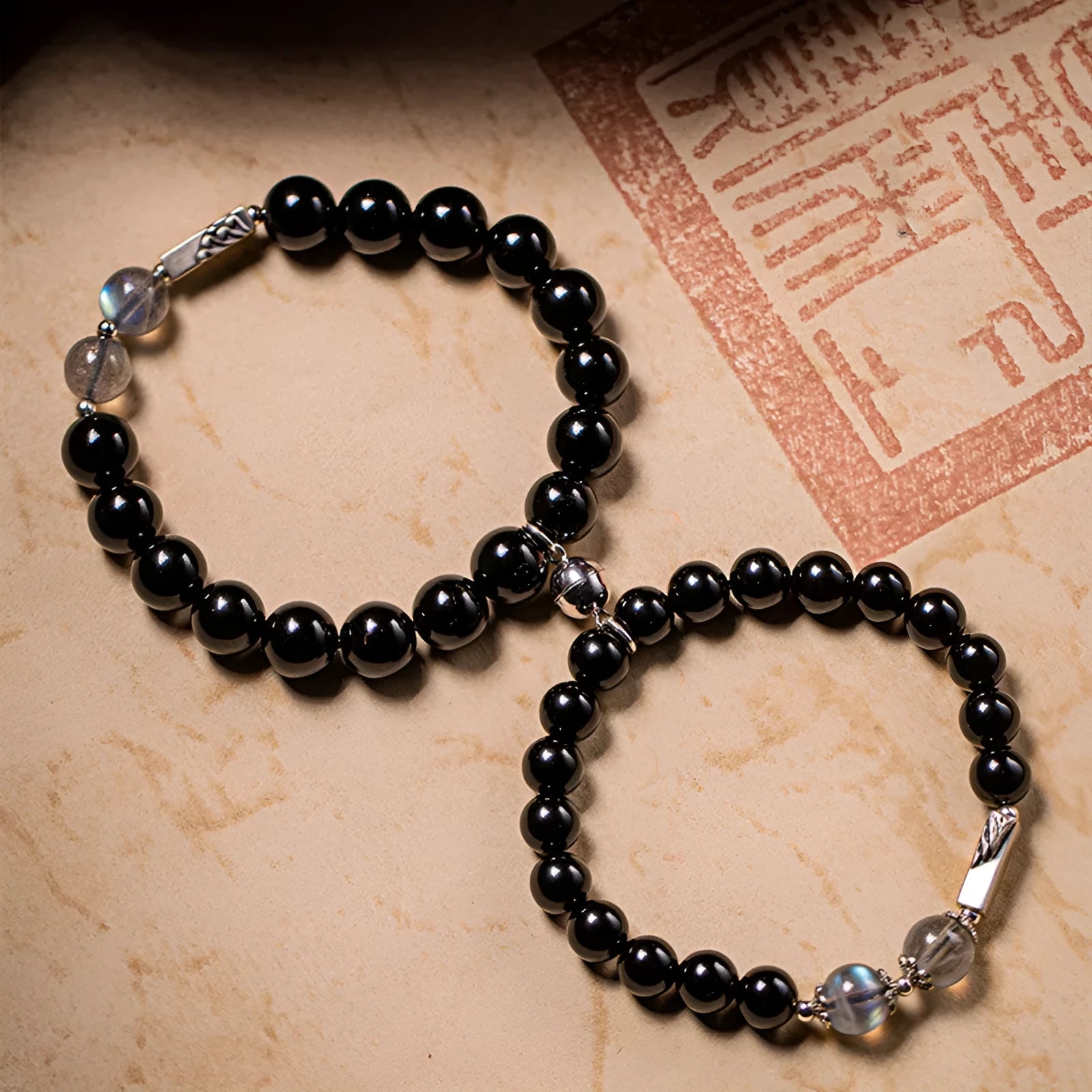 Obsidian Buddha beads couple bracelet DIY kit with 8mm and 10mm beads in national style design