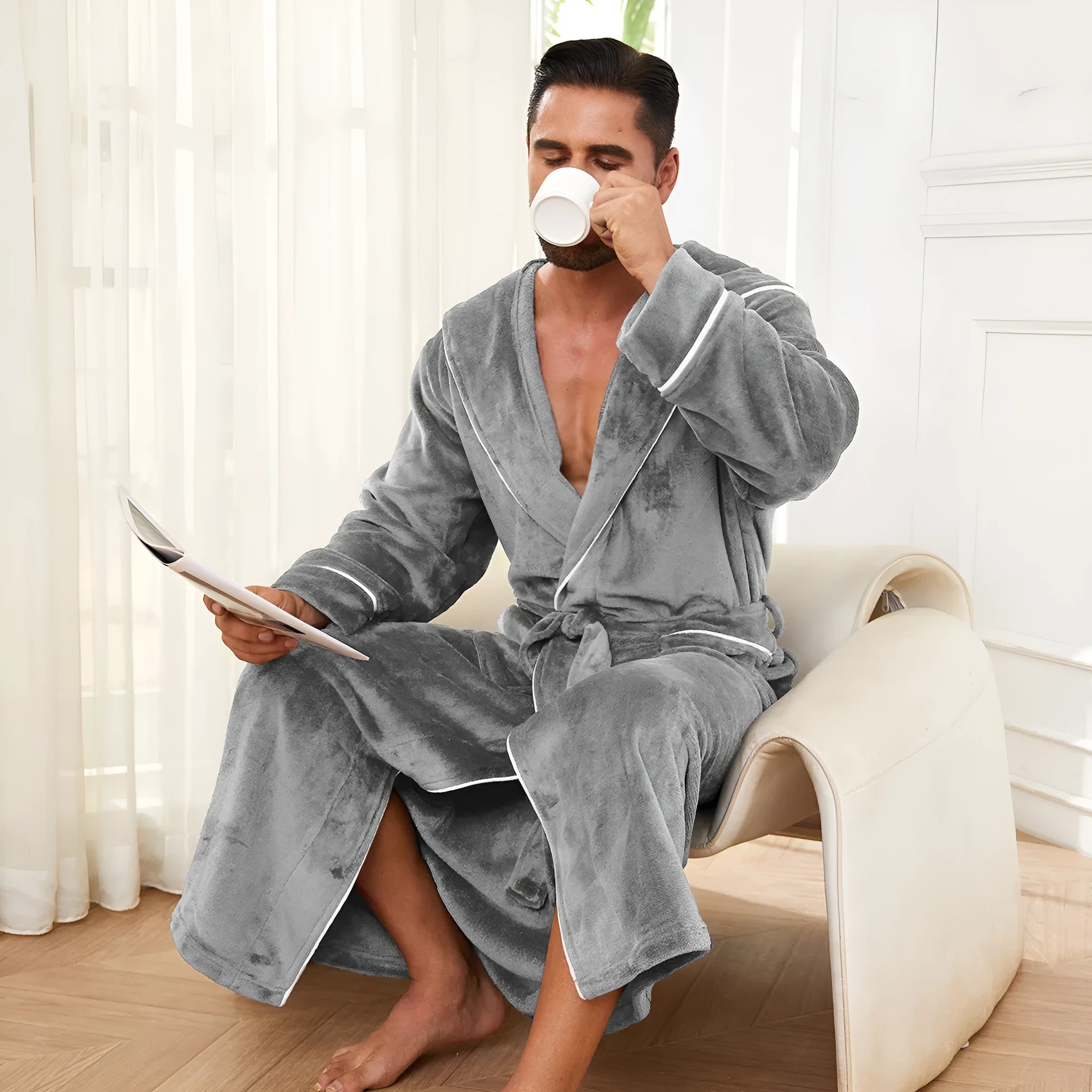 Men's flannel bathrobe in light grey, dark blue, or black polyester for winter